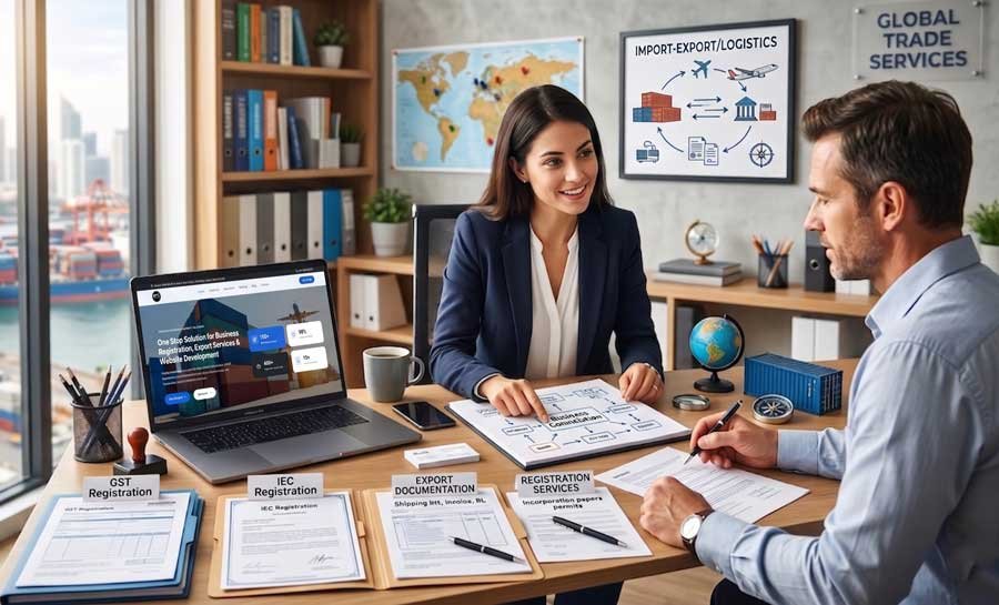 Professional business consultation desk showing EG Global Connect website on a laptop screen, alongside physical folders for GST registration, IEC registration, and export documentation