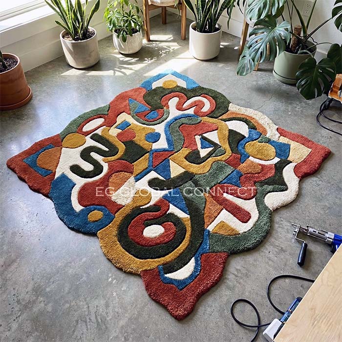 Abstract multicolor hand-tufted wool rug with bold organic shapes placed on a concrete floor surrounded by indoor plants