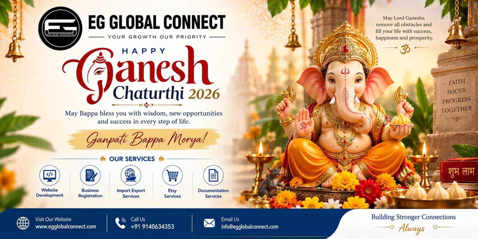 A promotional banner for EG GLOBAL CONNECT featuring website development services with a laptop showcase, service grid, contact details including info@egglobalconnect.com, phone number, and address.