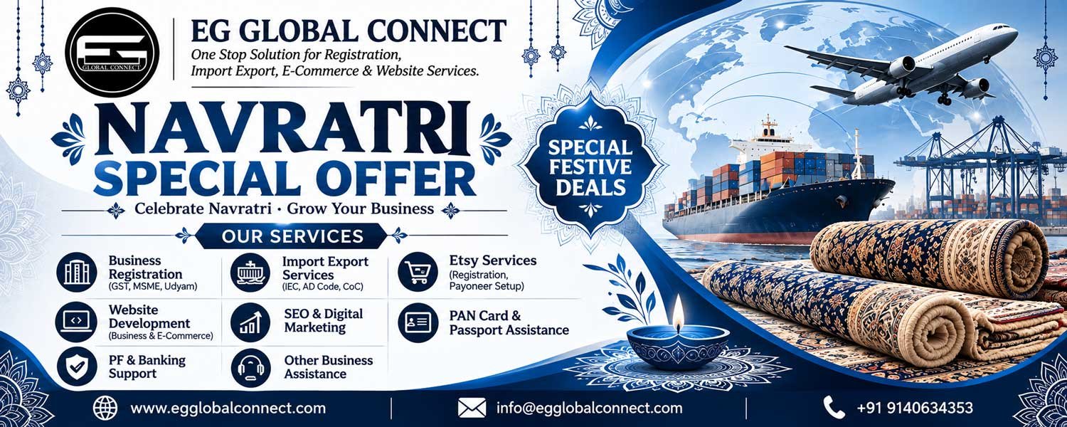 EG Global Connect Navratri Special Offer banner featuring global trade, shipping, carpets, and business services